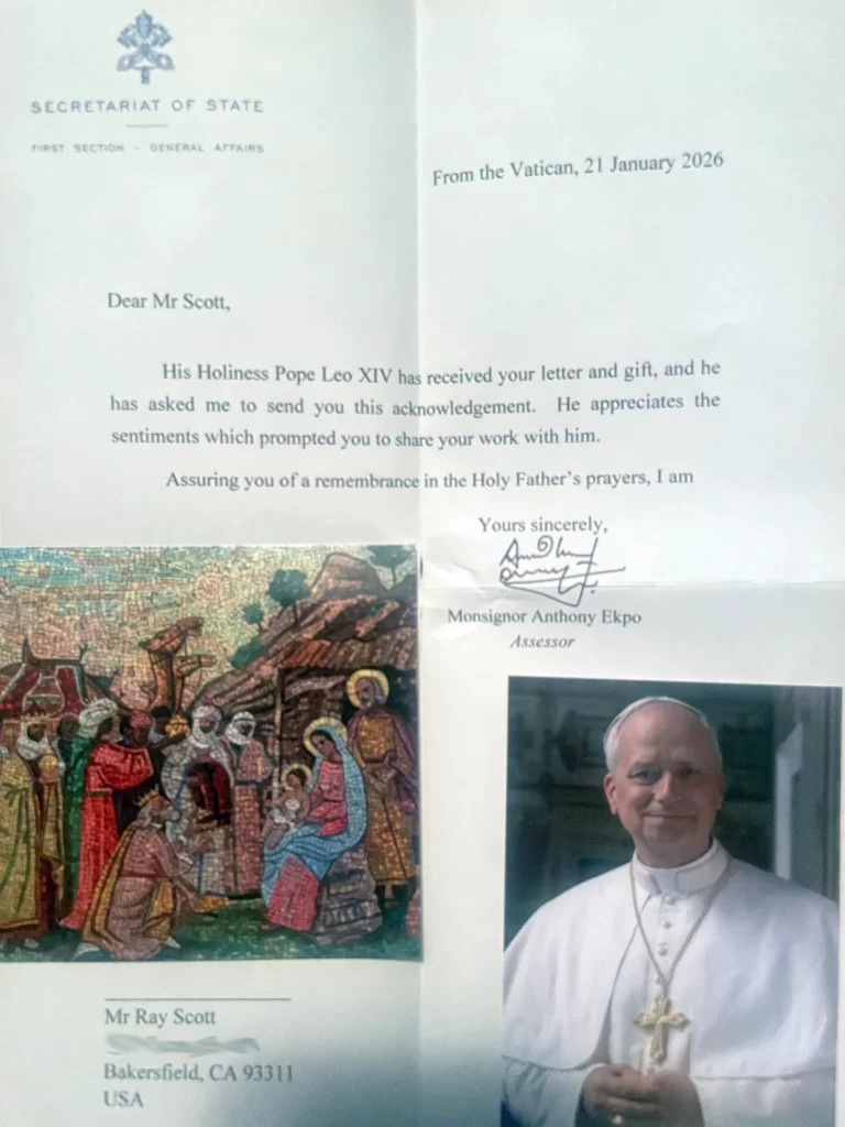 A letter from Monsignor Ekpo Jan26 acknowledging Pope Leo has received Ray's letter and gift.